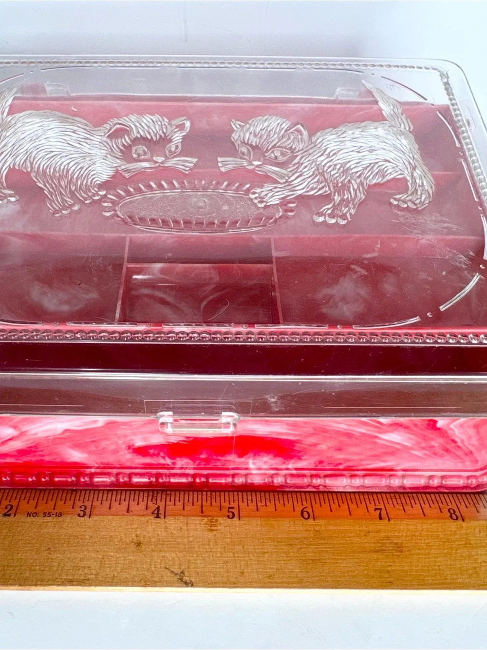 VTG 50s Jewelry Box Trinket Cats Kittens Granny Sewing Hommer Marbled Plastic